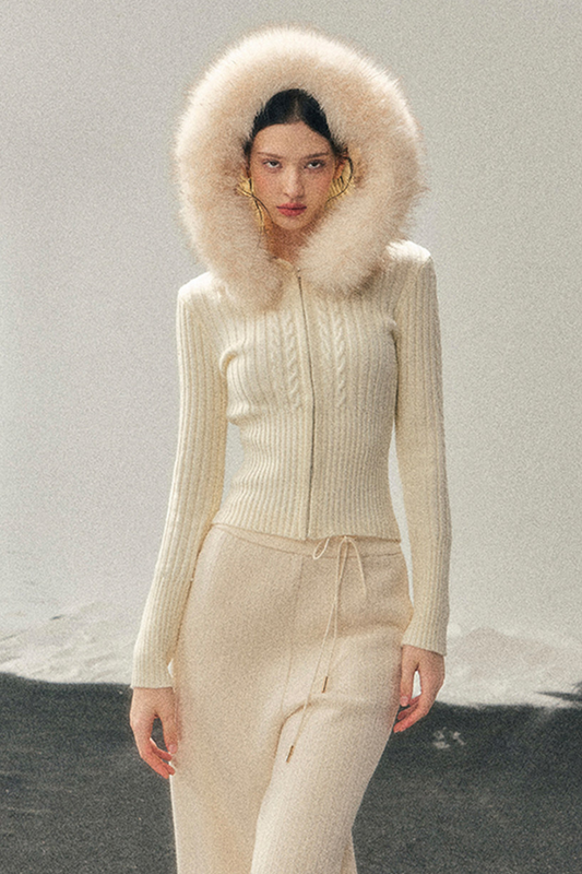 Fur Hood Knit Sweater Zip Top