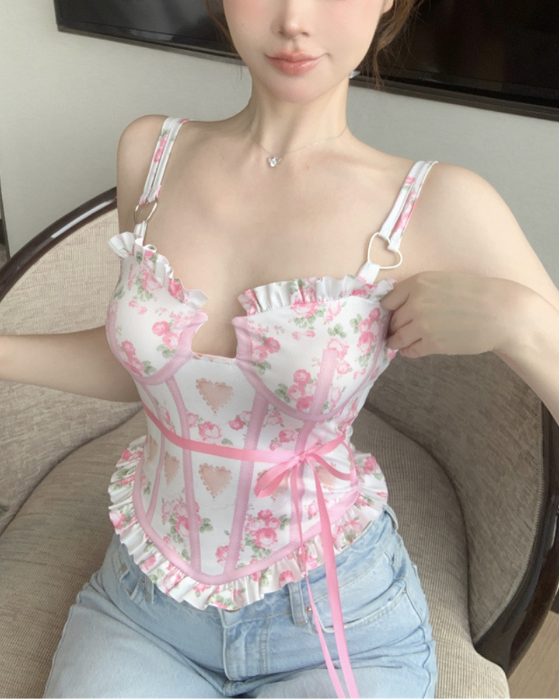 French Retro Floral Tank Coquette Top