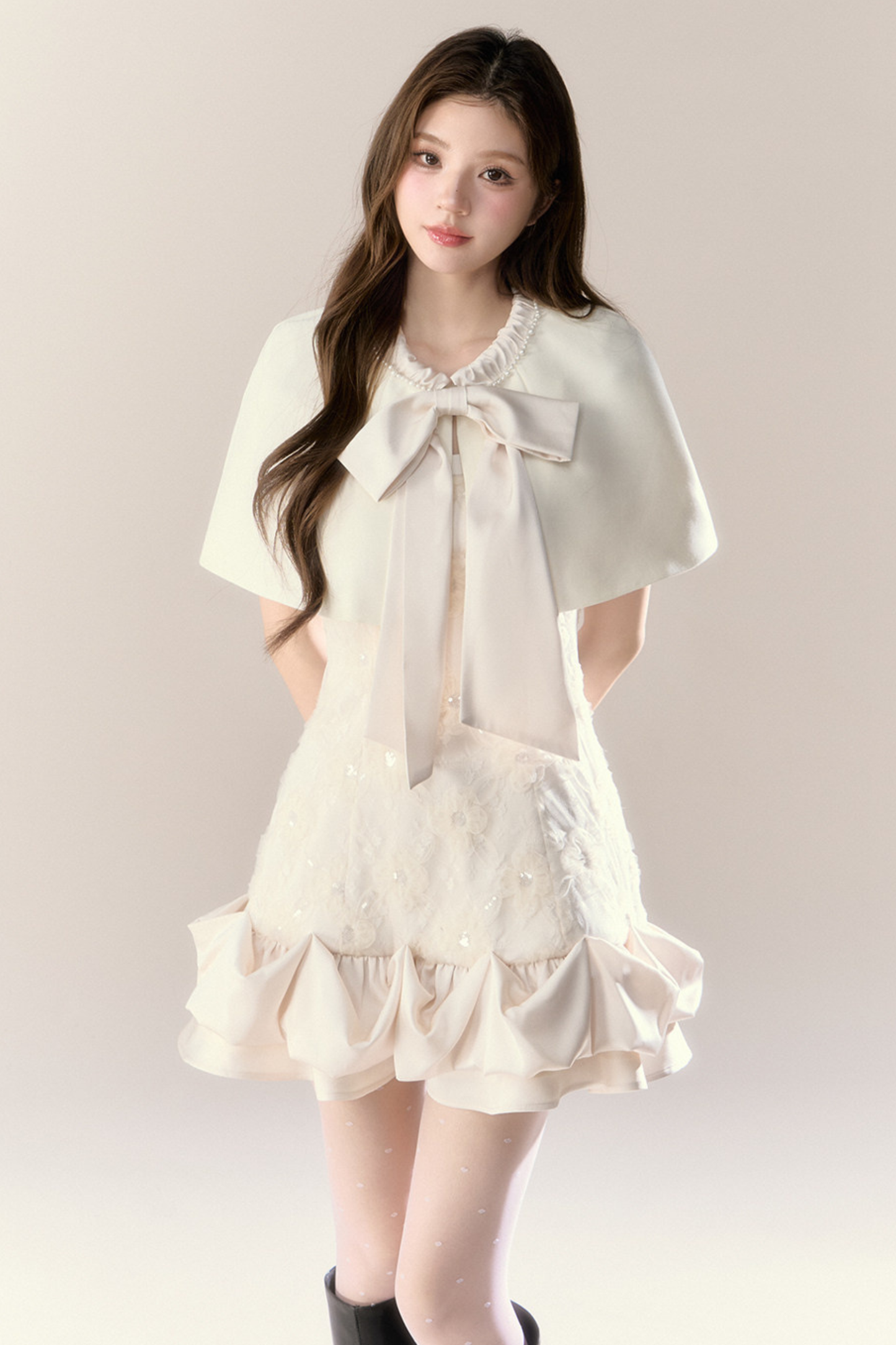 Frill Girly Pure Sleeveless Dress + Ribbon Cape