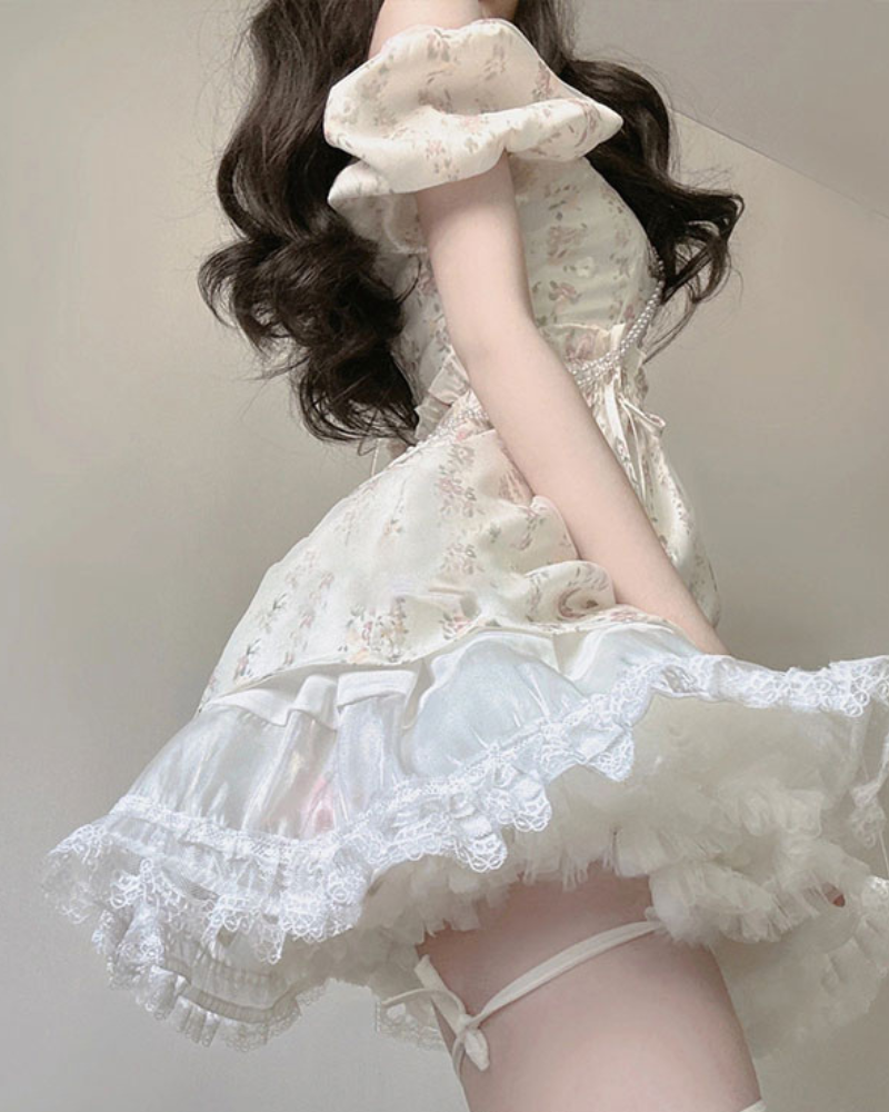 Princess Puff Sleeves Tutu Floral Mini Coquette Dress