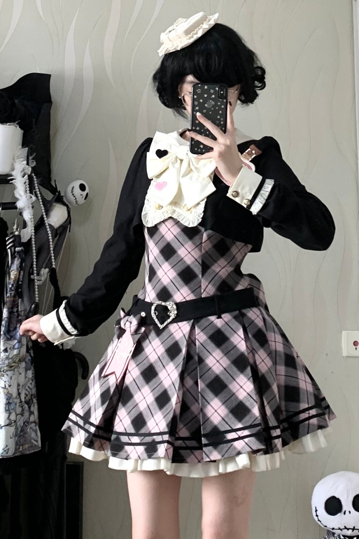 Check Sweet College Faux Two-Piece Dress + Beret