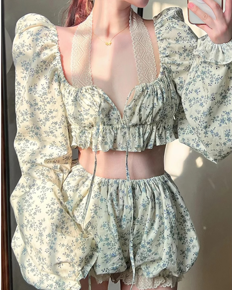 French Sweet Floral Chic Puff Coord