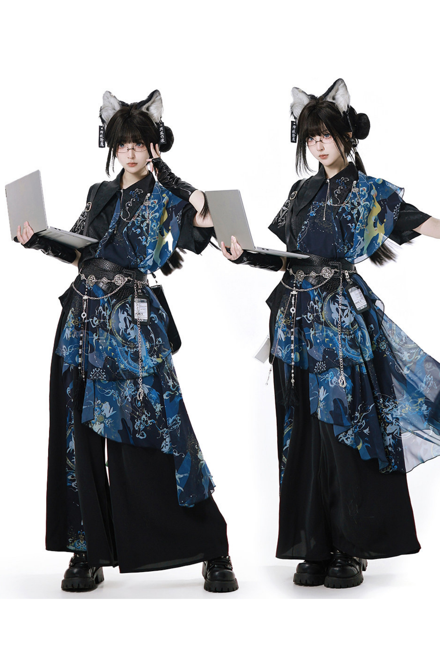 Dark China Shirt + Wide Leg Pants + Chain + Belt