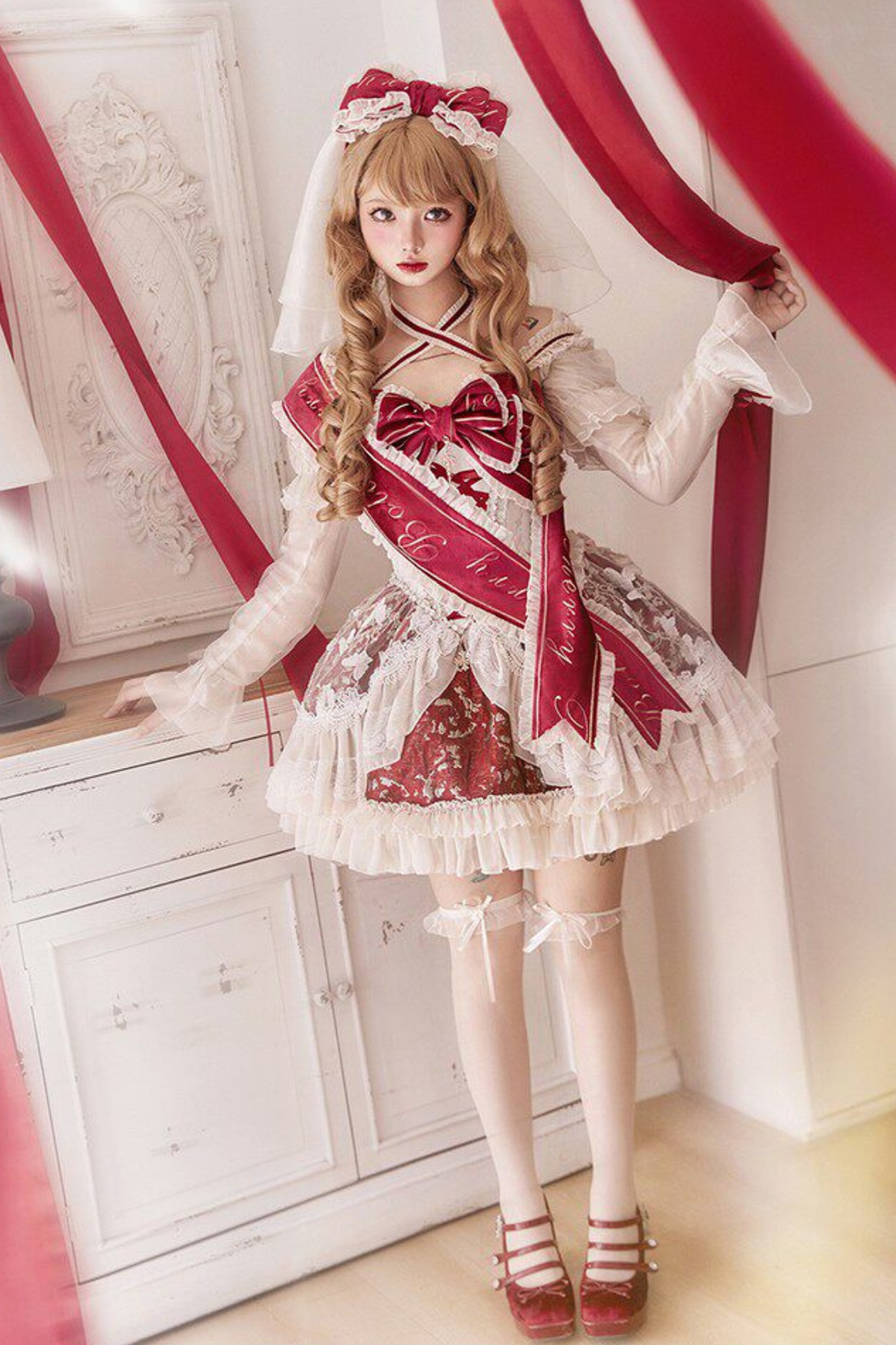 Sweet Baroque Lolita Dress + Veil + Ribbon + Headband + Tail + Sleeves