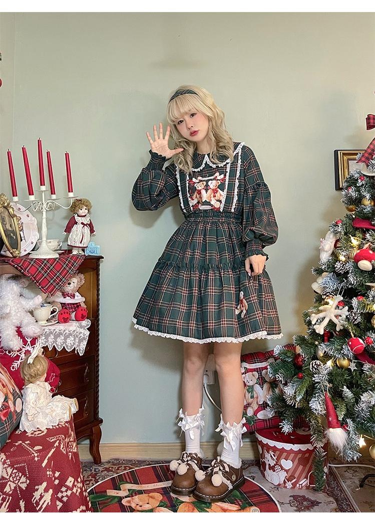 Christmas Vintage Lolita Skirts Doll Collar Blouse Plaid Skirt Set