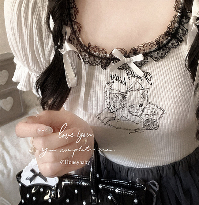 Lace Bow Cat Puff-sleeve Top