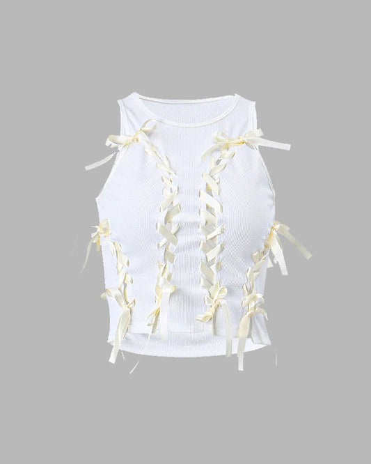 Sweetcross Ribbon Tank Coquette Top White