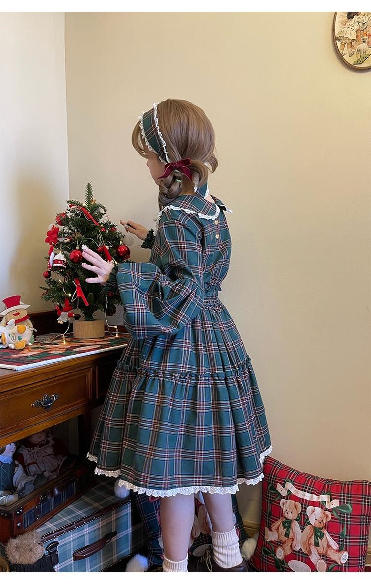 Christmas Vintage Lolita Skirts Doll Collar Blouse Plaid Skirt Set