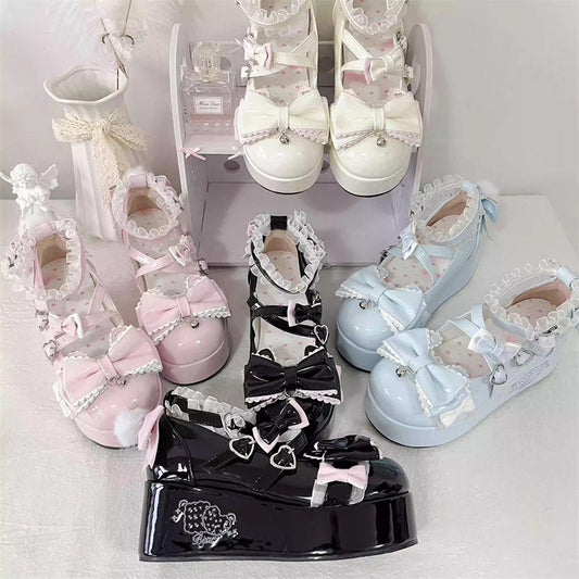 Confession Willingness Height Increasing Print Bowknot Lace Sweet Lolita Shoes 4 Colors Black