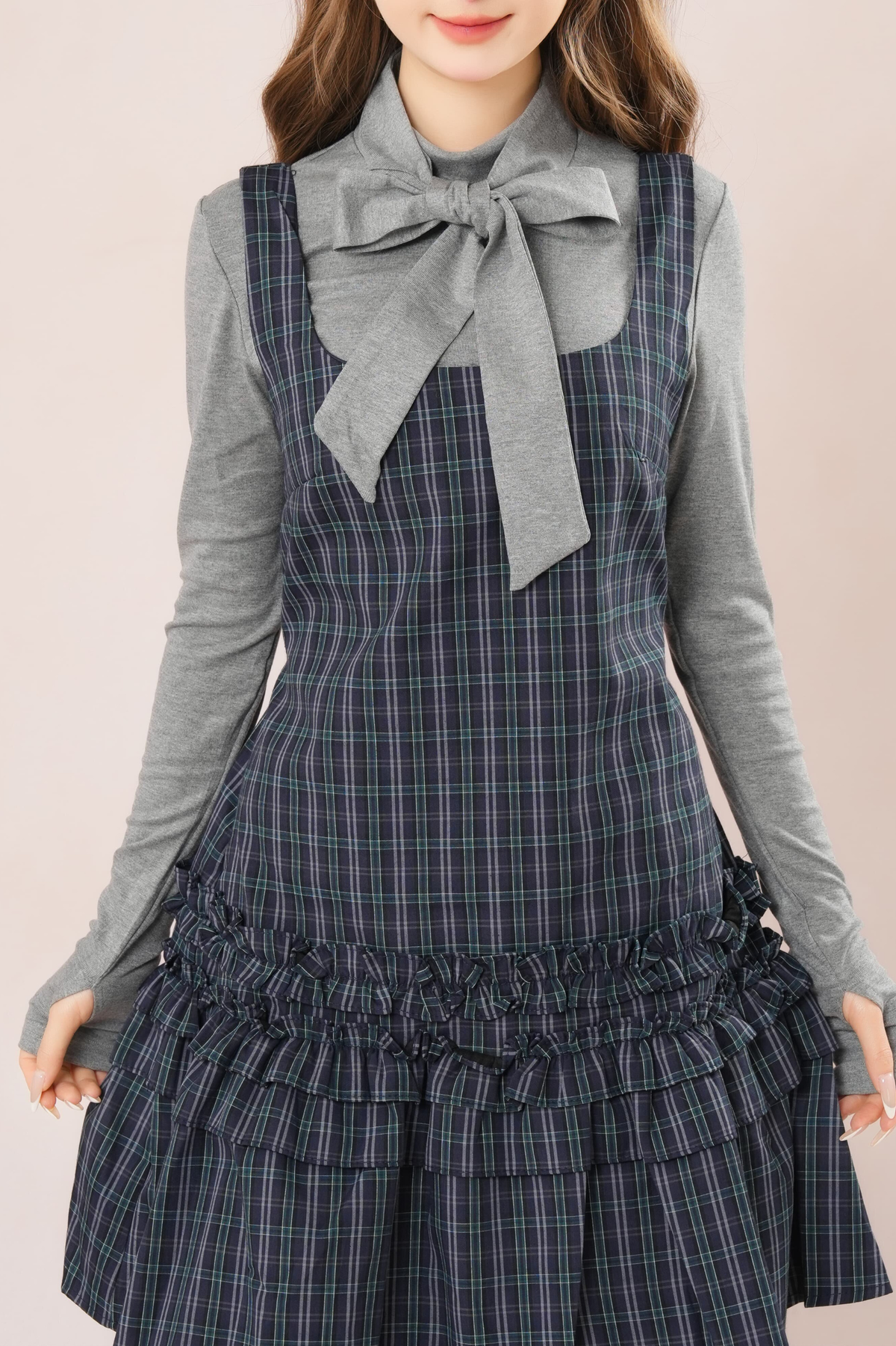Dark French Ruffle Check Sleeveless Dress + Shirt Shirt