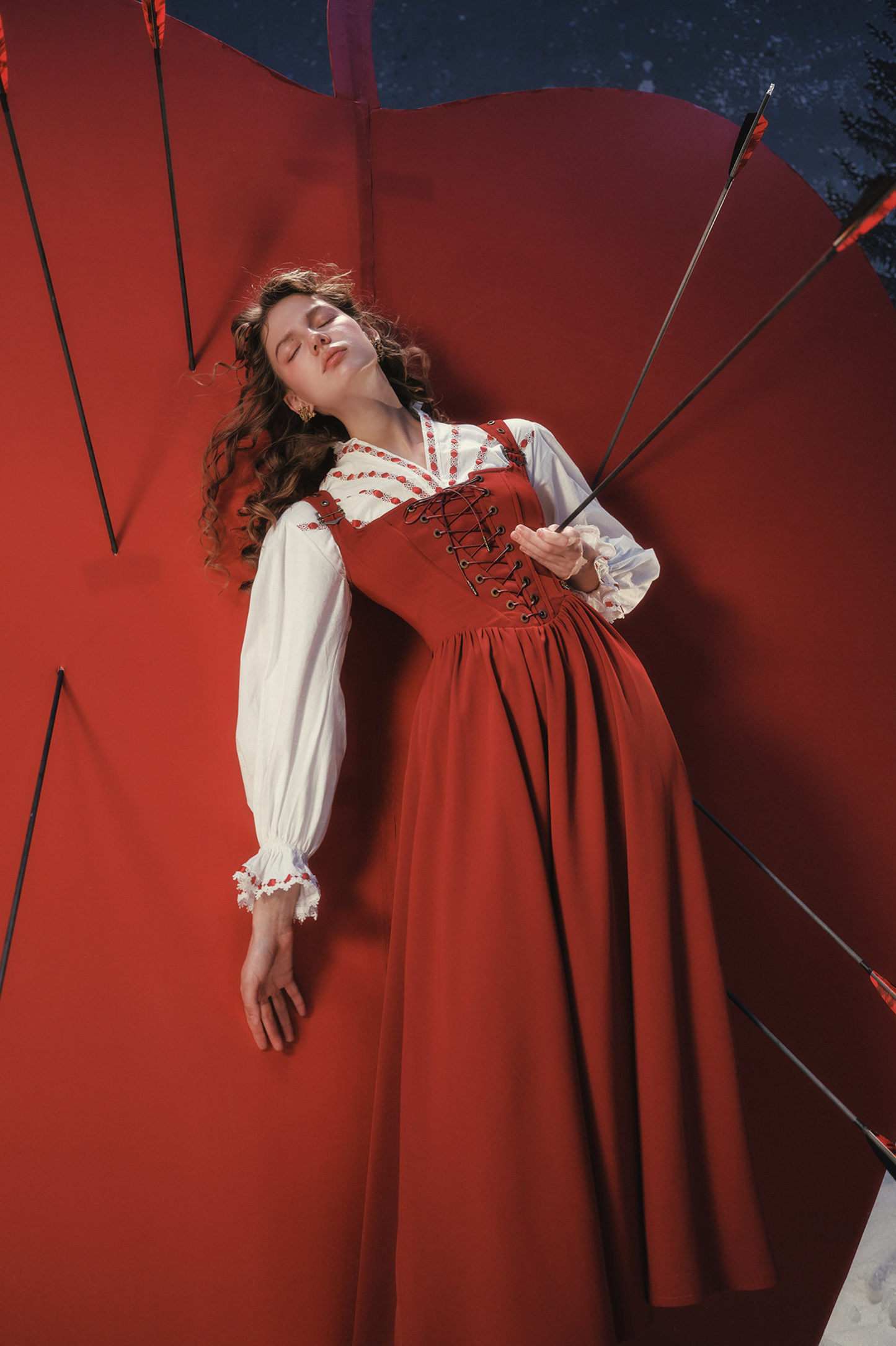 Lace Maid Retro Red Suspender Dress + Blouse