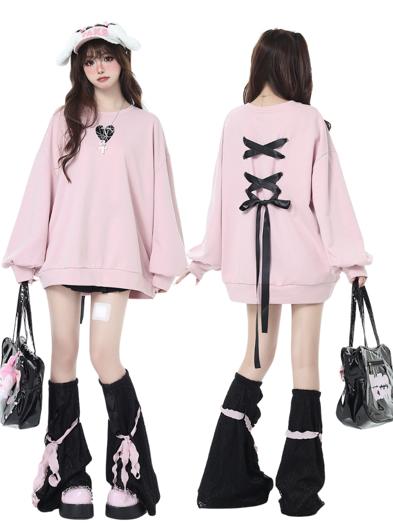 Back racing up ribbon oversized sweatshirt Pink