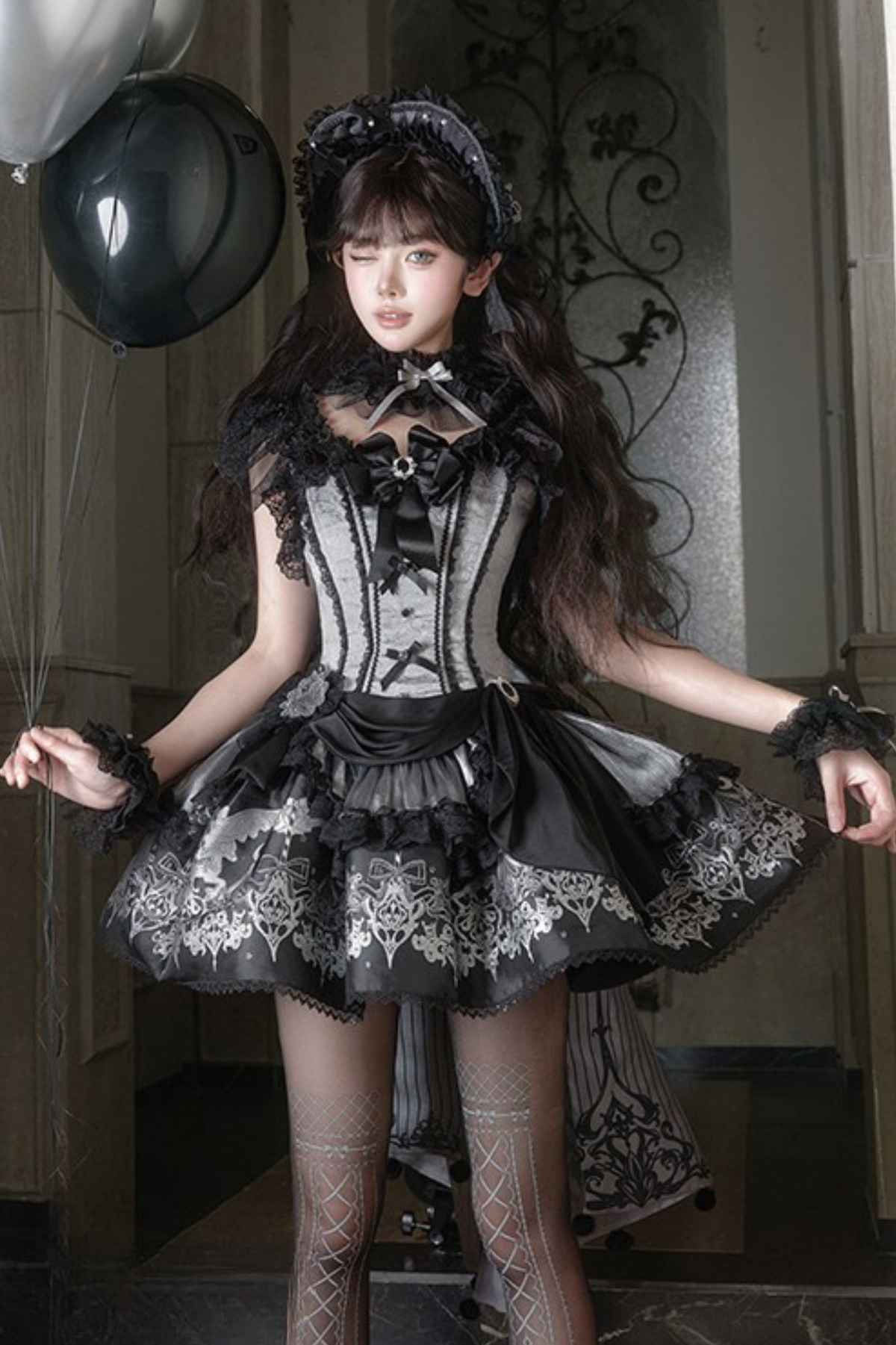 【Reservation Deadline February 28】Dark Silver Lace Lolita Dress + BNT + Neck Accessories
