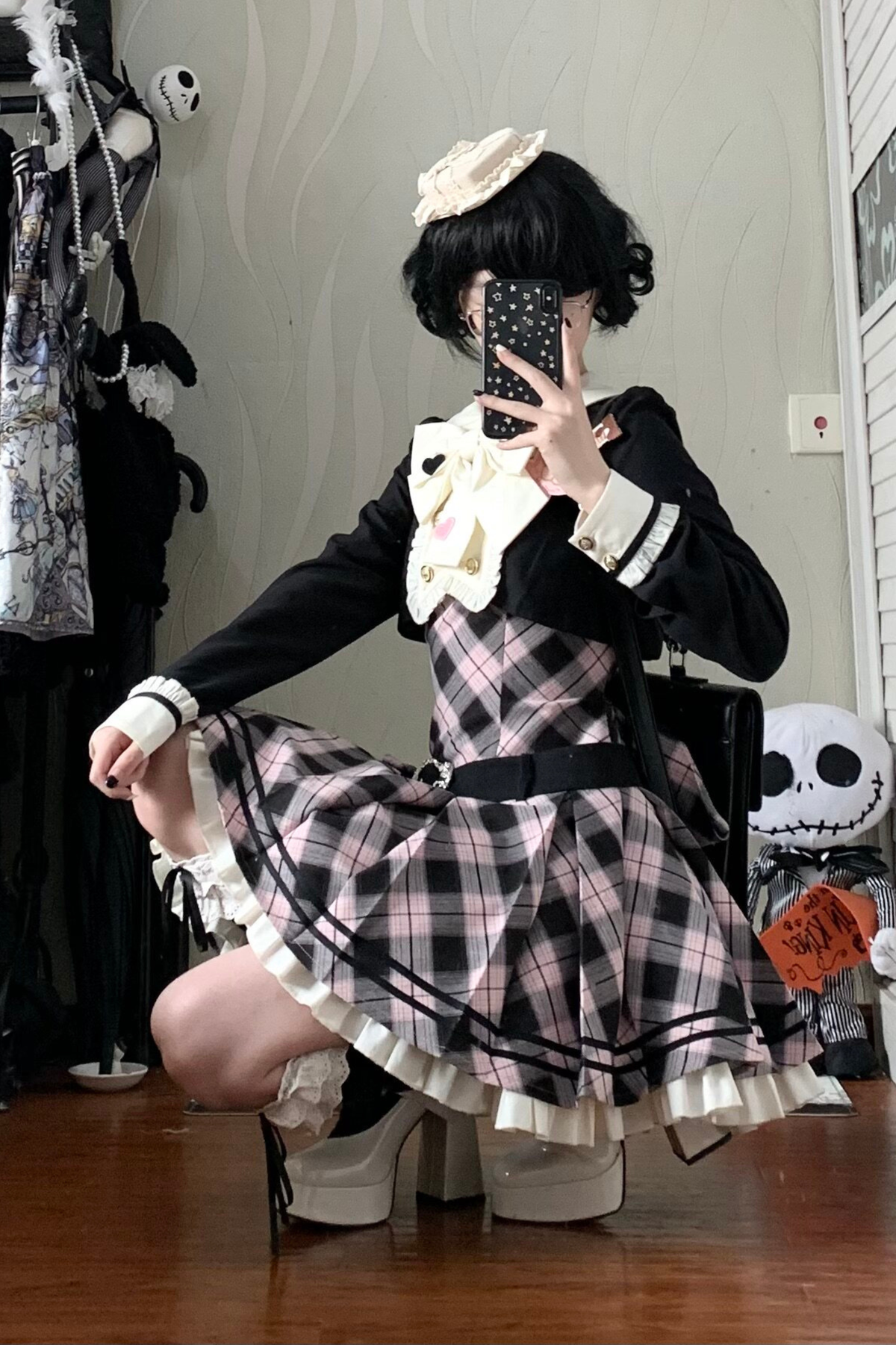 Check Sweet College Faux Two-Piece Dress + Beret