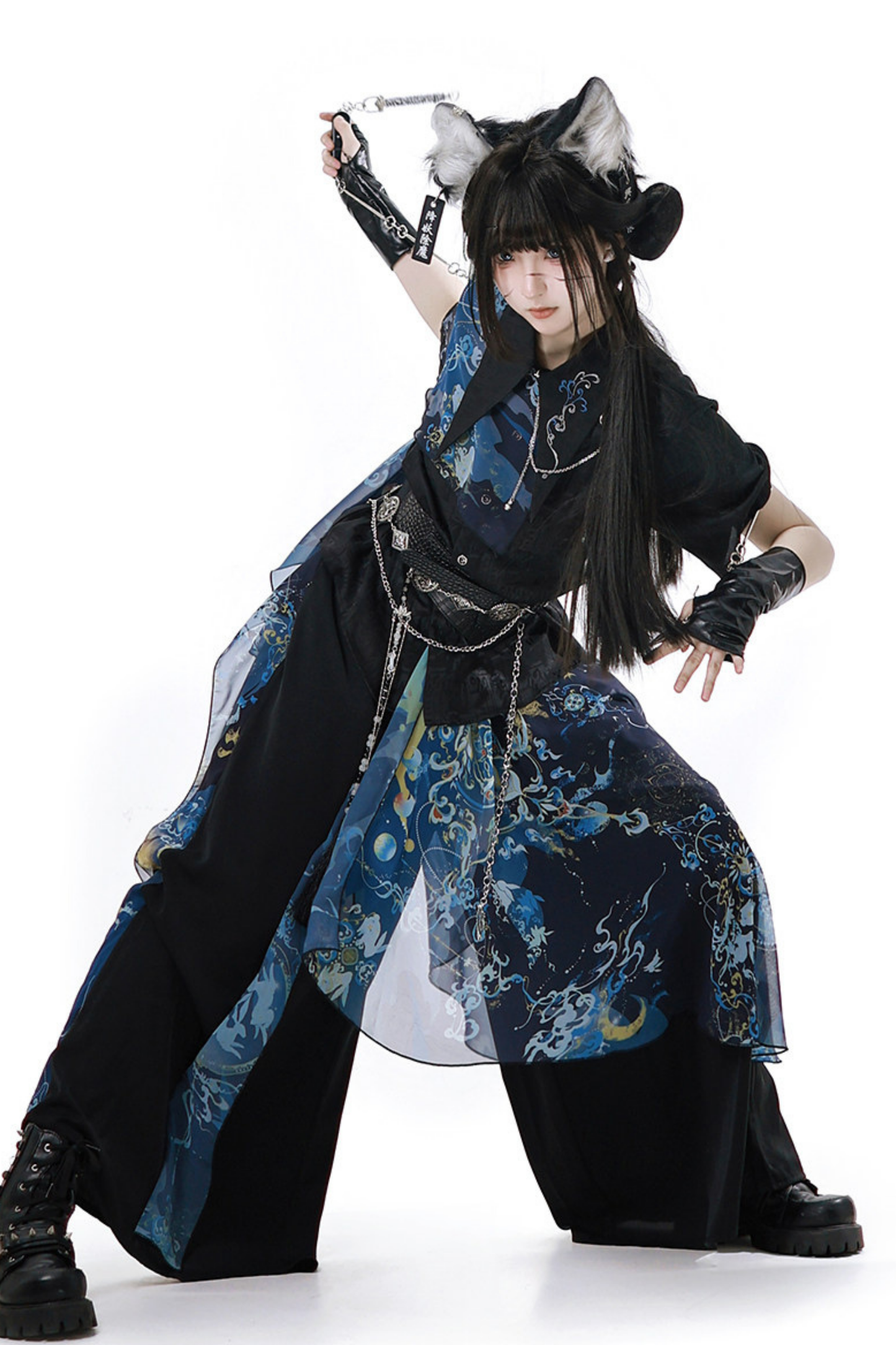 Dark China Shirt + Wide Leg Pants + Chain + Belt