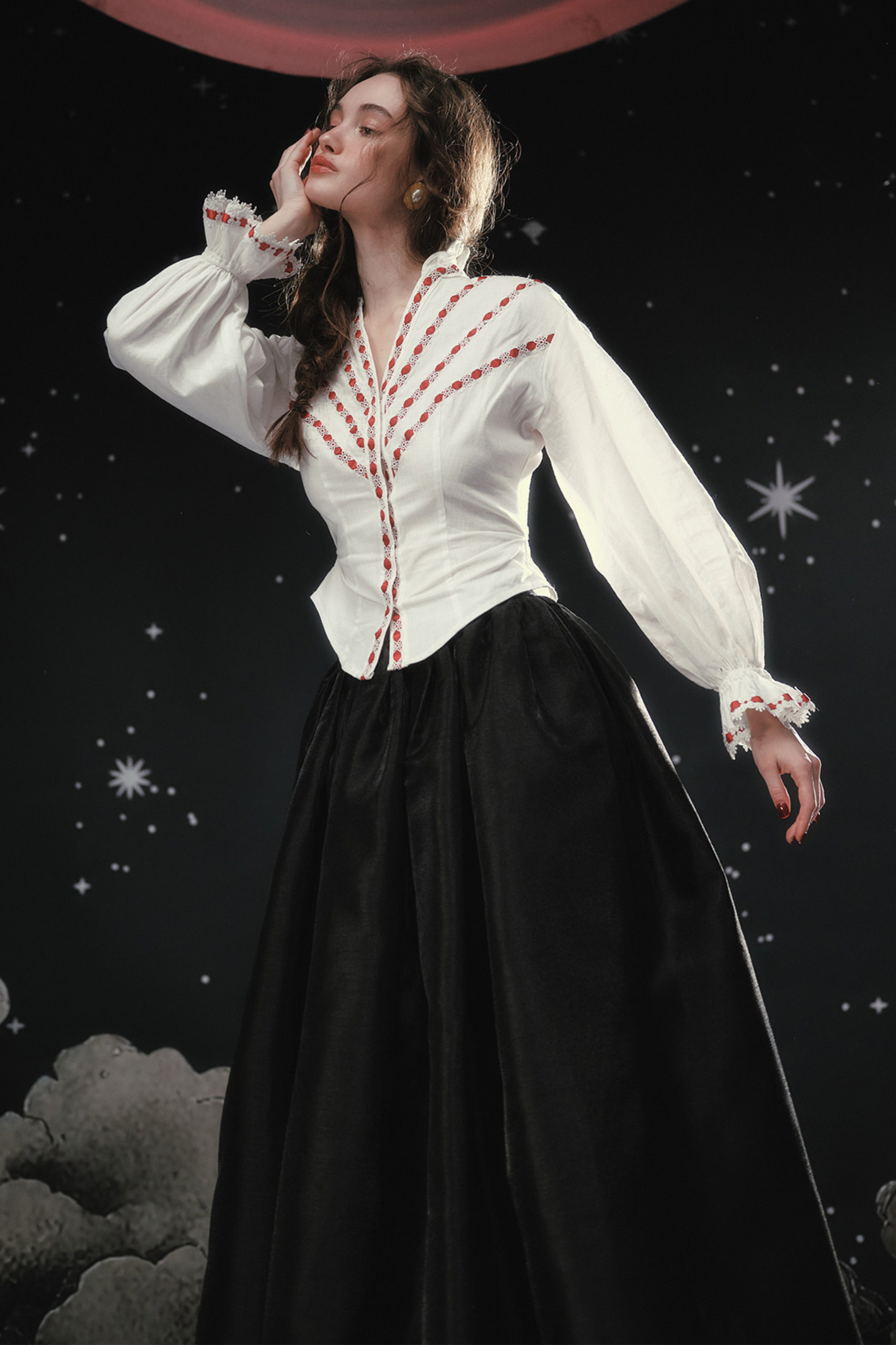Lace Maid French Cotton Blouse + Flare Skirt