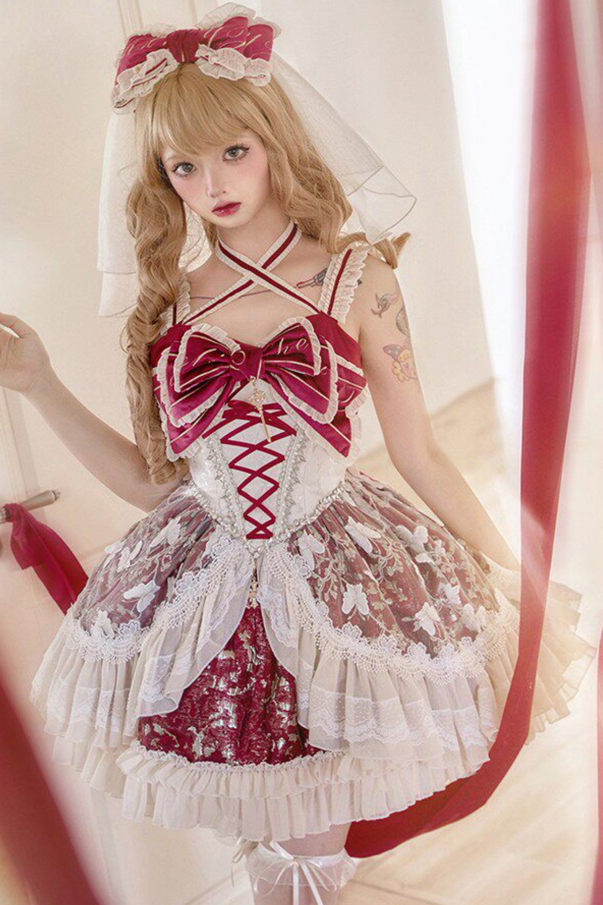 Sweet Baroque Lolita Dress + Veil + Ribbon + Headband + Tail + Sleeves