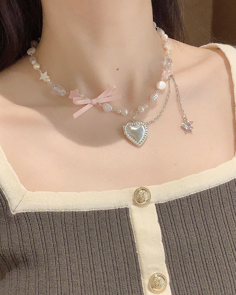 Bow Heart Necklace With Small Photo Album