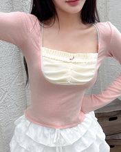 Load image into Gallery viewer, French Square Neck Pleated Long-sleeved Coquette Top
