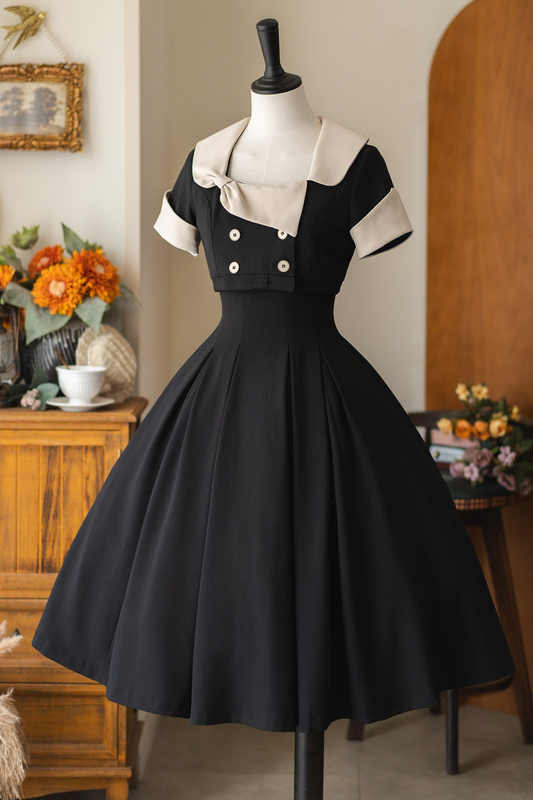 Elegant French Retro Flare Dress + Short Jacket Black