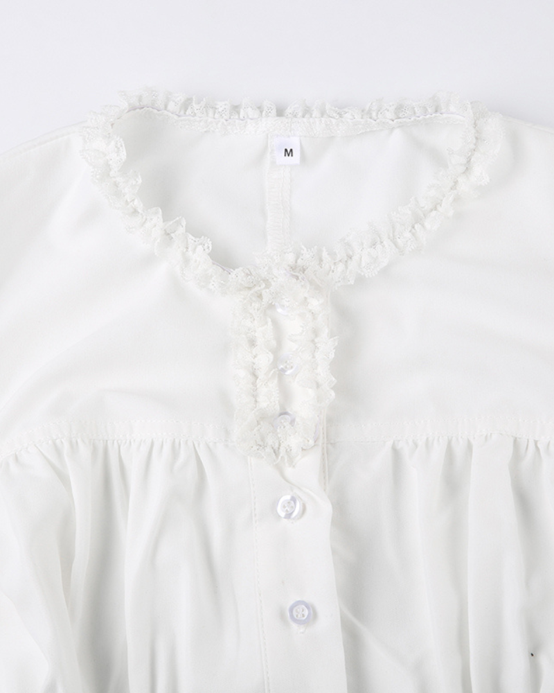 French Strapped Waist Lace Vintage Buttoned Coquette Top