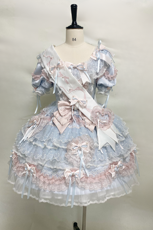 [Pre-order] Mist Blue Romantic Lace Lolita Princess Dress + Set 1/2/3 Powder Blue Op Dress + Ribbon + Train Bow + Headband【ドレスセット1】