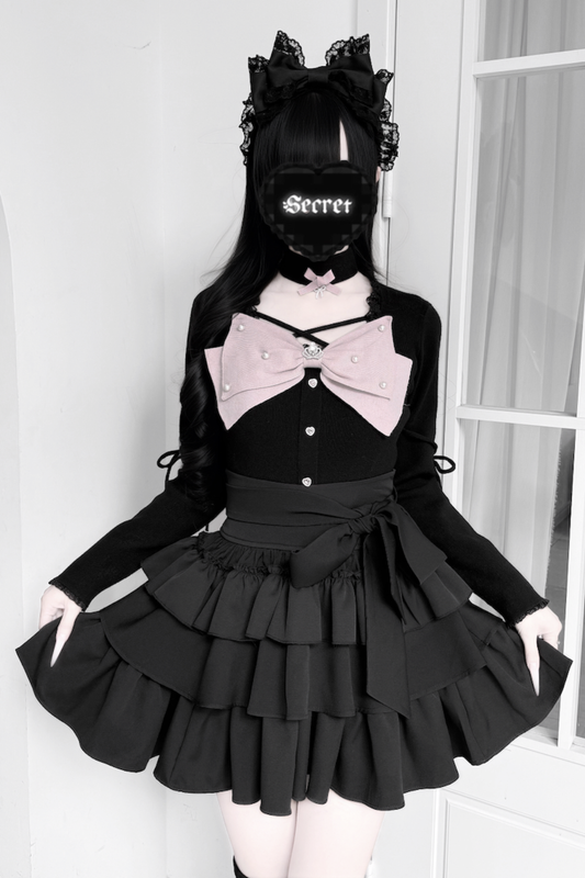 Sweet Knit Sweater Top + Tiered Inner Skirt [Black] Skirt