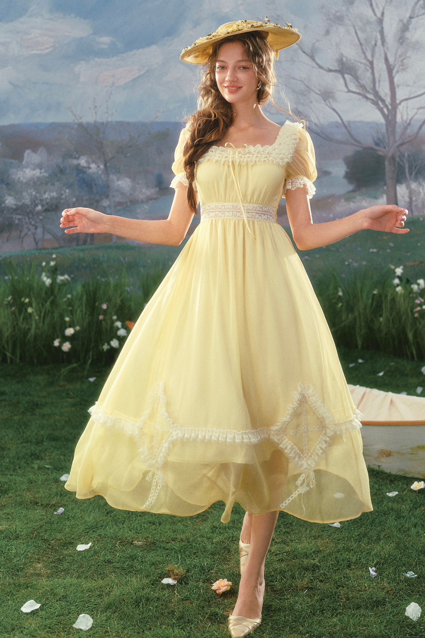 Lace Yellow Retro Long Dress