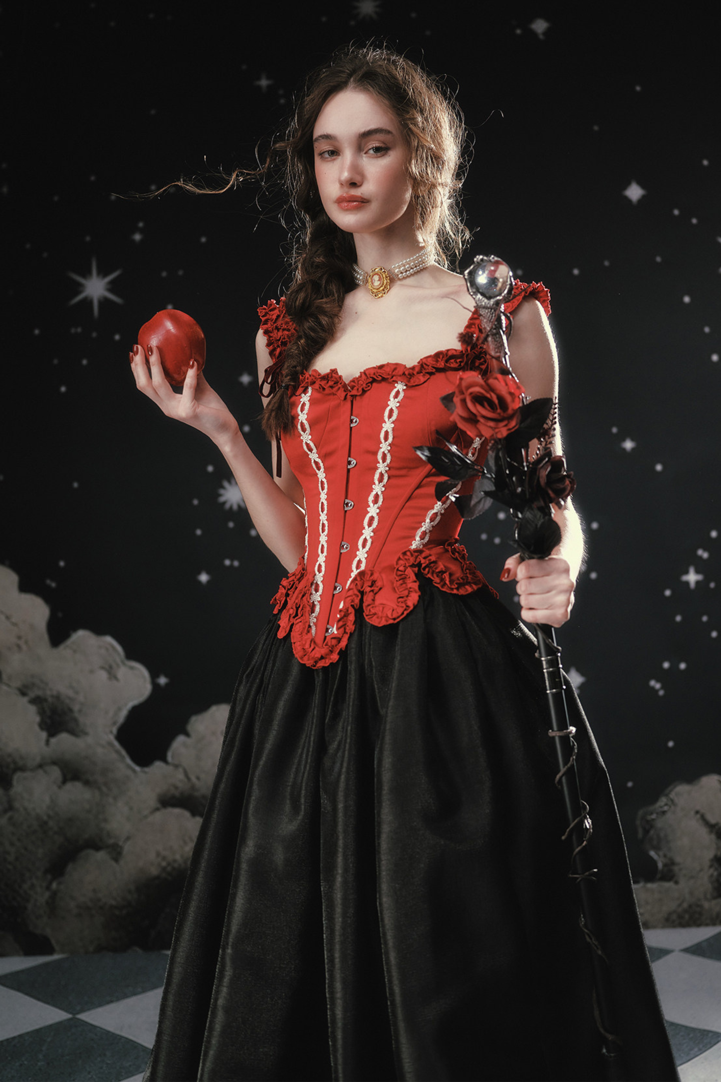Lace Maid Retro Red Corset Top + Flare Skirt