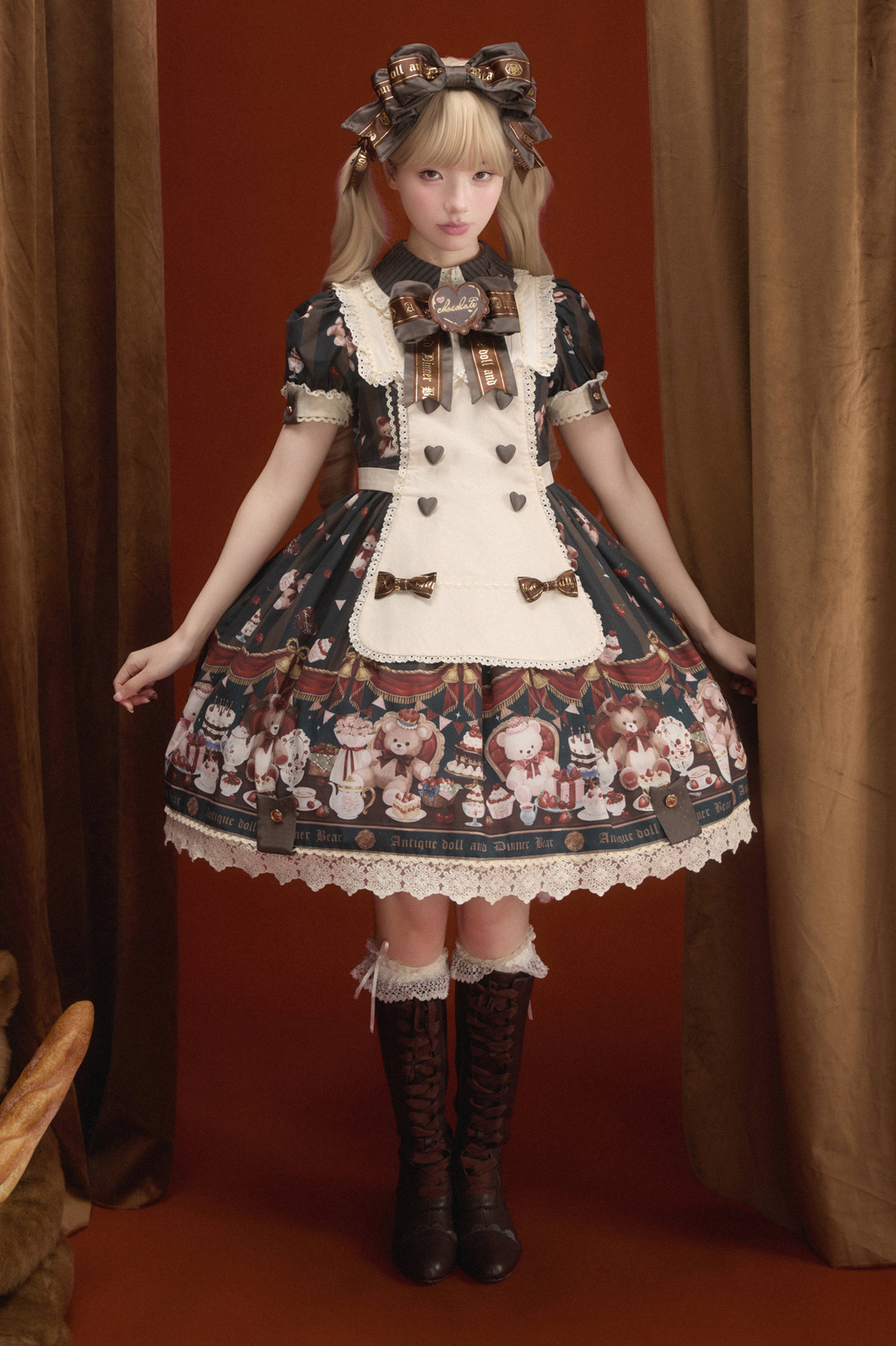 Antique Bear Chef Lolita Dress + Apron + Sleeves + Headband + Brooch + Hair Clip + Hat