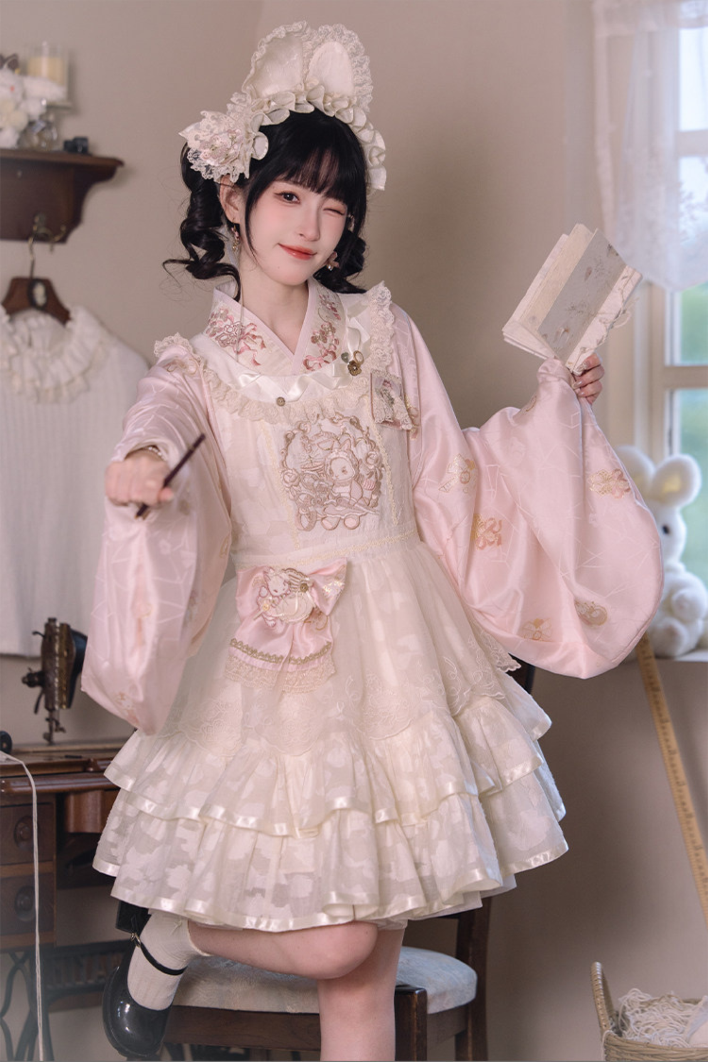 Chinese Pastel Top + Apron + Bow + Necklace + Brooch + Hair Accessories