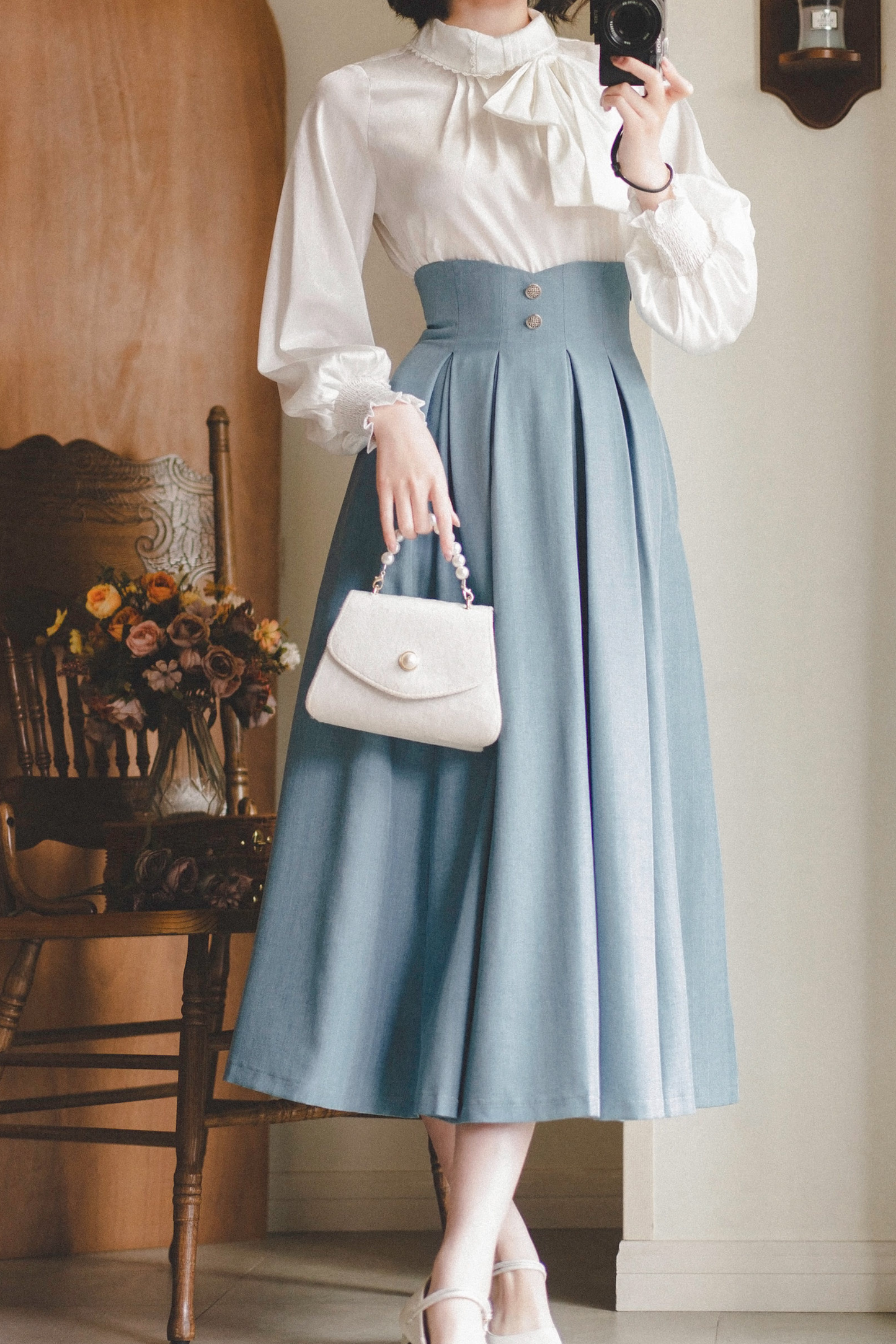 Retro Satin Bow Tie Blouse