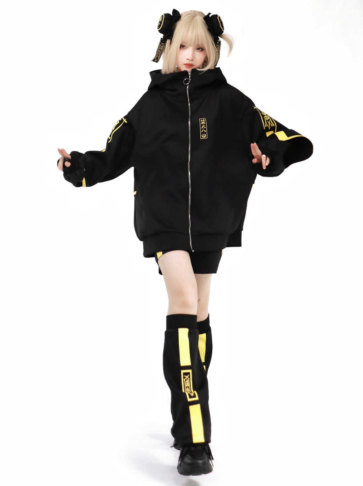 Dark neon china jacket + shorts + long pants + leg warmers + hair accessories [Reserved Item].