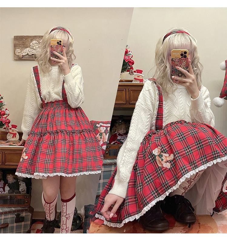 Christmas Vintage Lolita Skirts Doll Collar Blouse Plaid Skirt Set