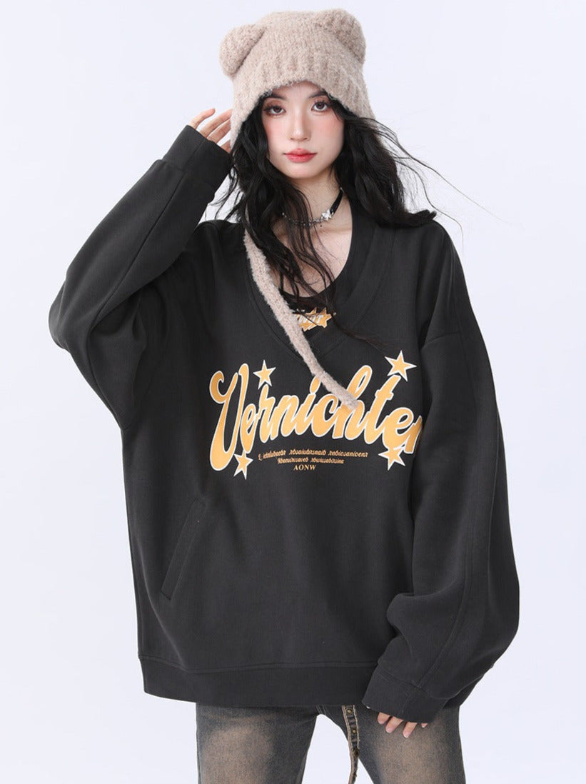 American Retro Casual Loose Two Piece Letter Print Sweatshirt