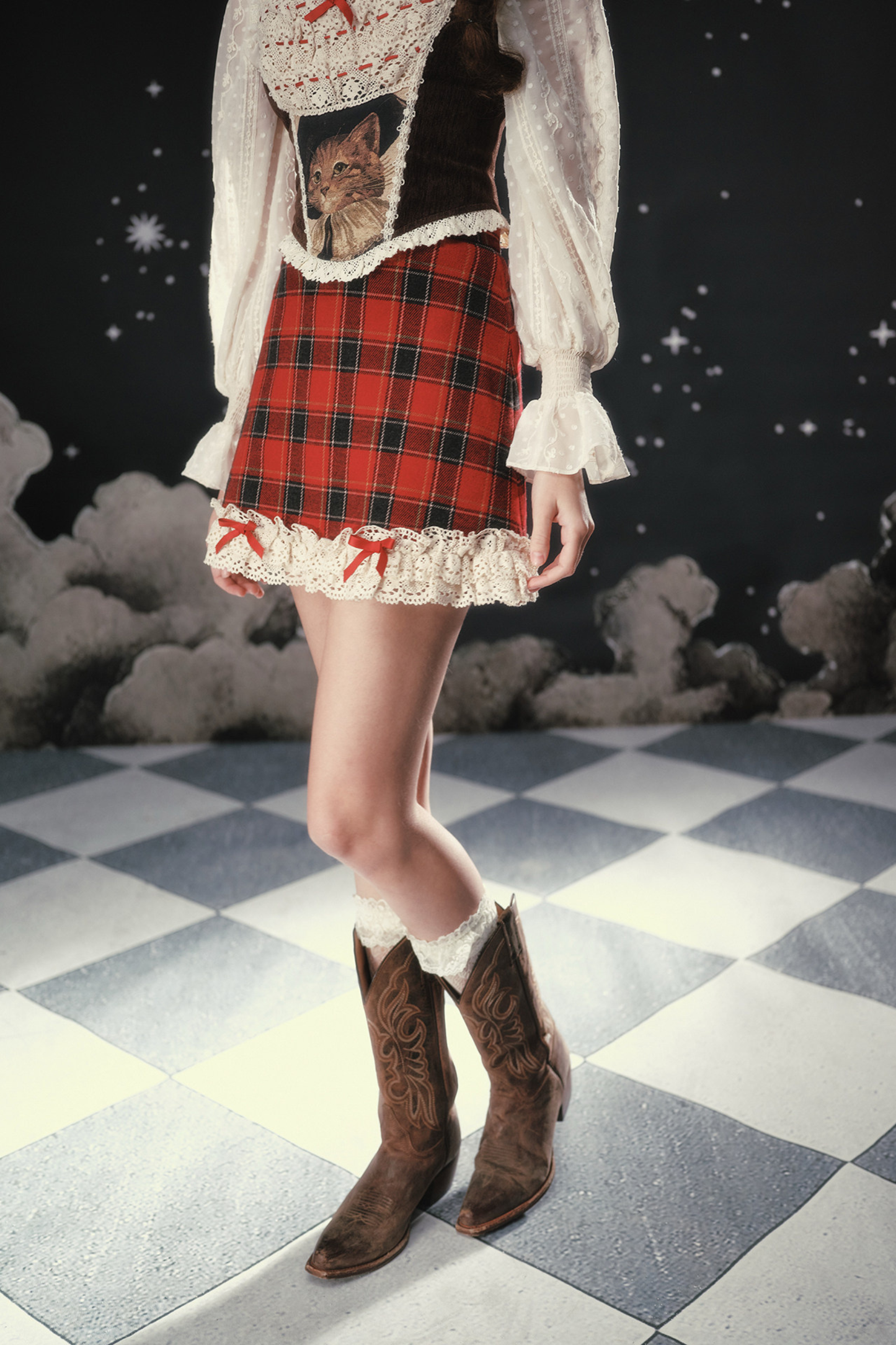 Lace Maid Plaid Corset Top + Crochet Cardigan + Plaid Skirt
