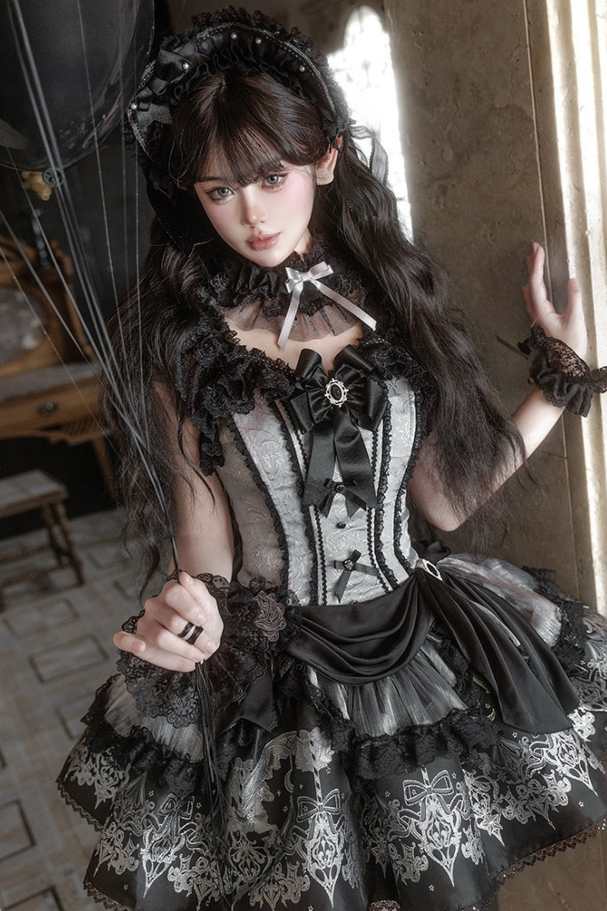 【Reservation Deadline February 28】Dark Silver Lace Lolita Dress + BNT + Neck Accessories
