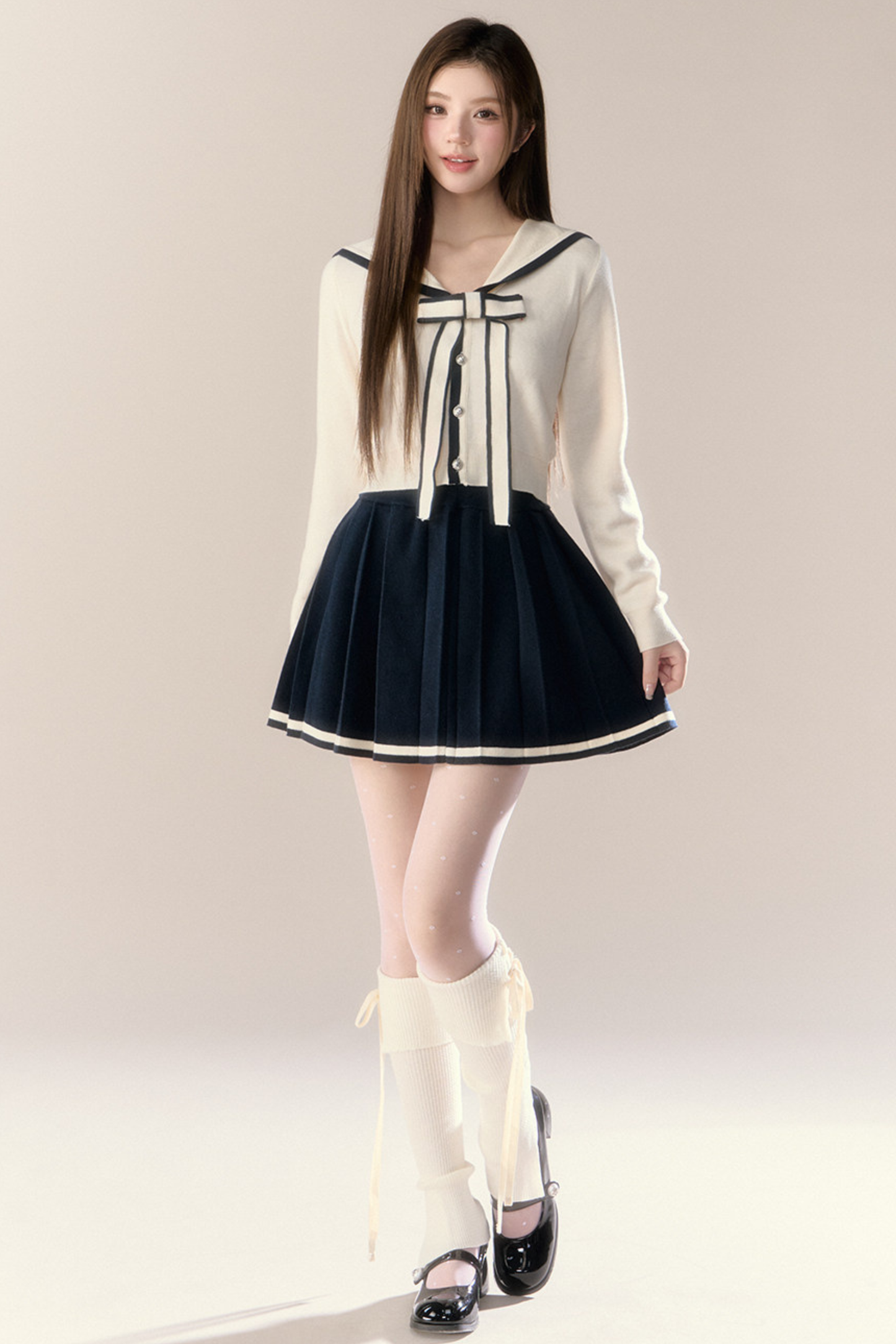 Sailor Ribbon Cardigan + Pleated Skirt