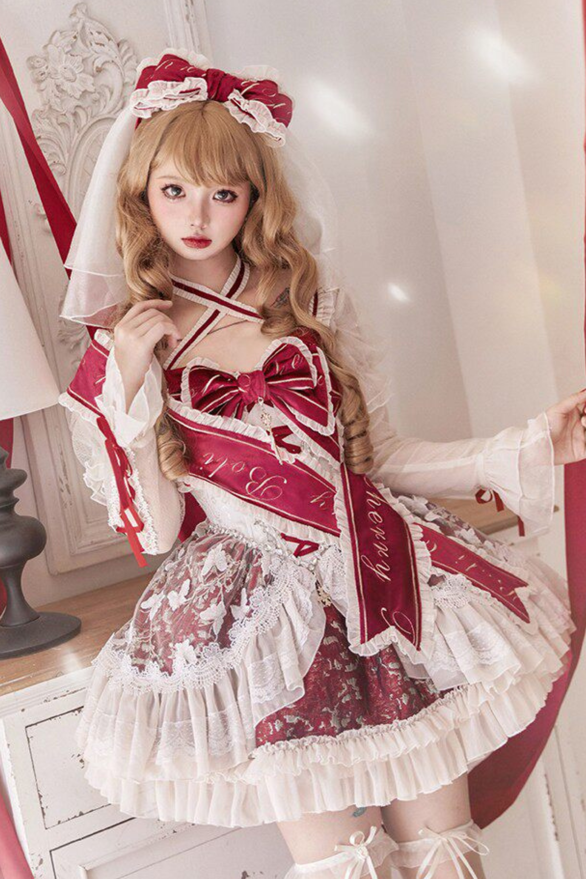 Sweet Baroque Lolita Dress + Veil + Ribbon + Headband + Tail + Sleeves