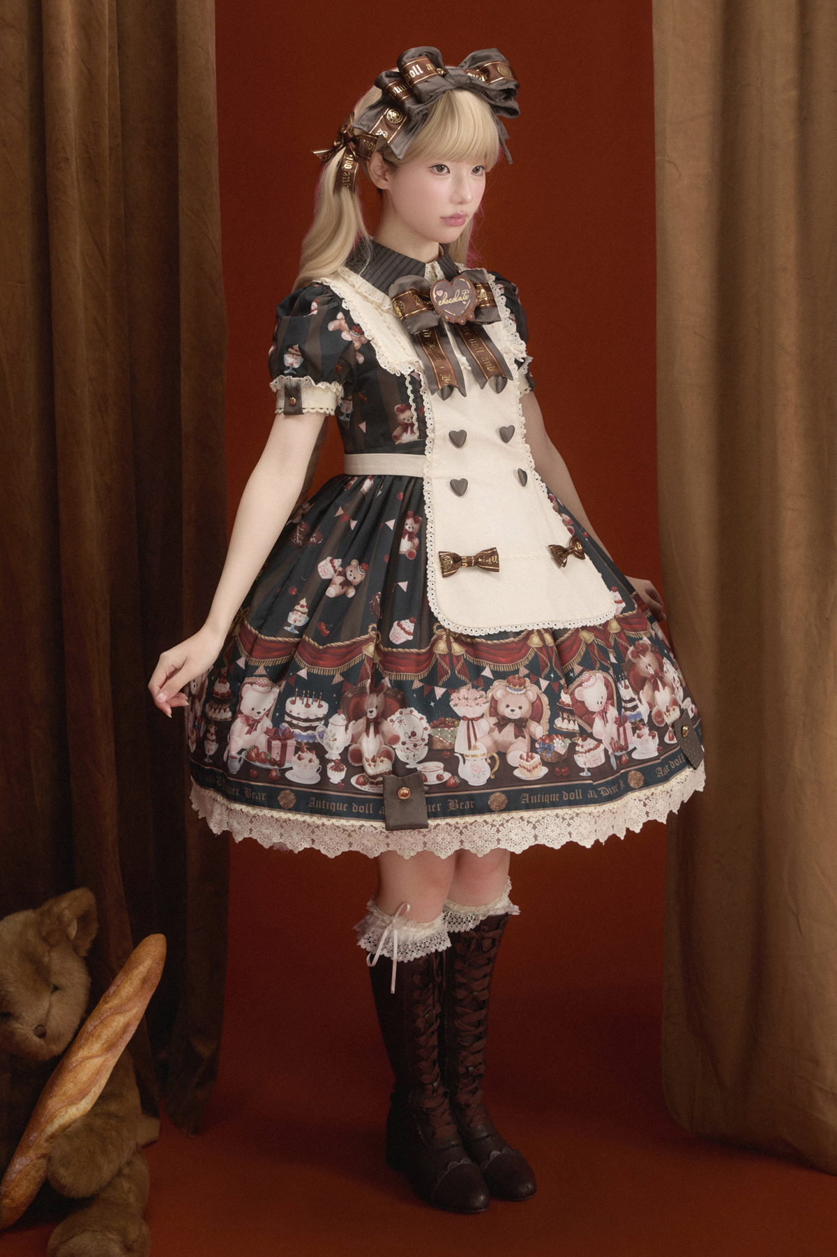 Antique Bear Chef Lolita Dress + Apron + Sleeves + Headband + Brooch + Hair Clip + Hat