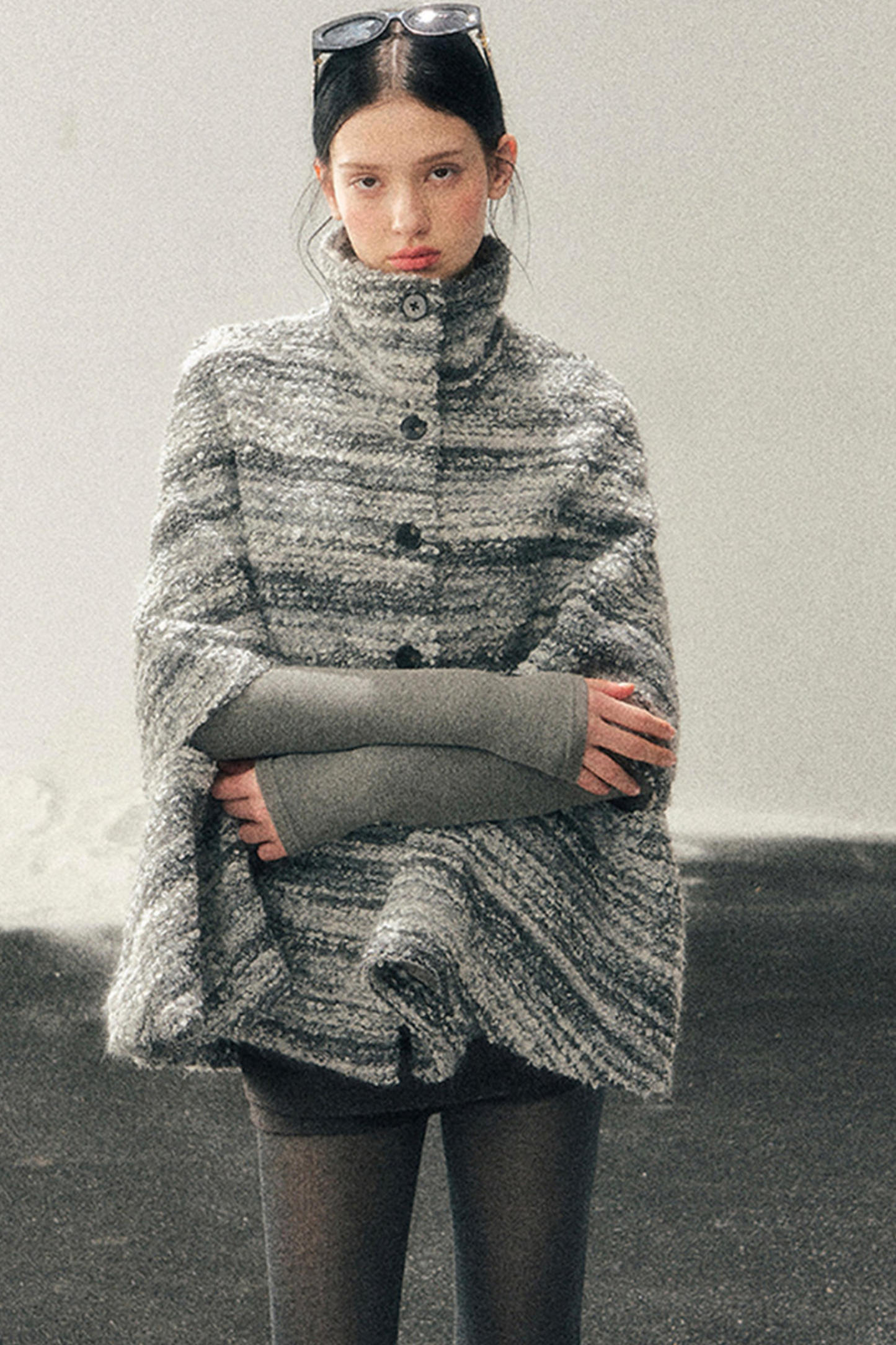 French Striped Wool Turtleneck Coat