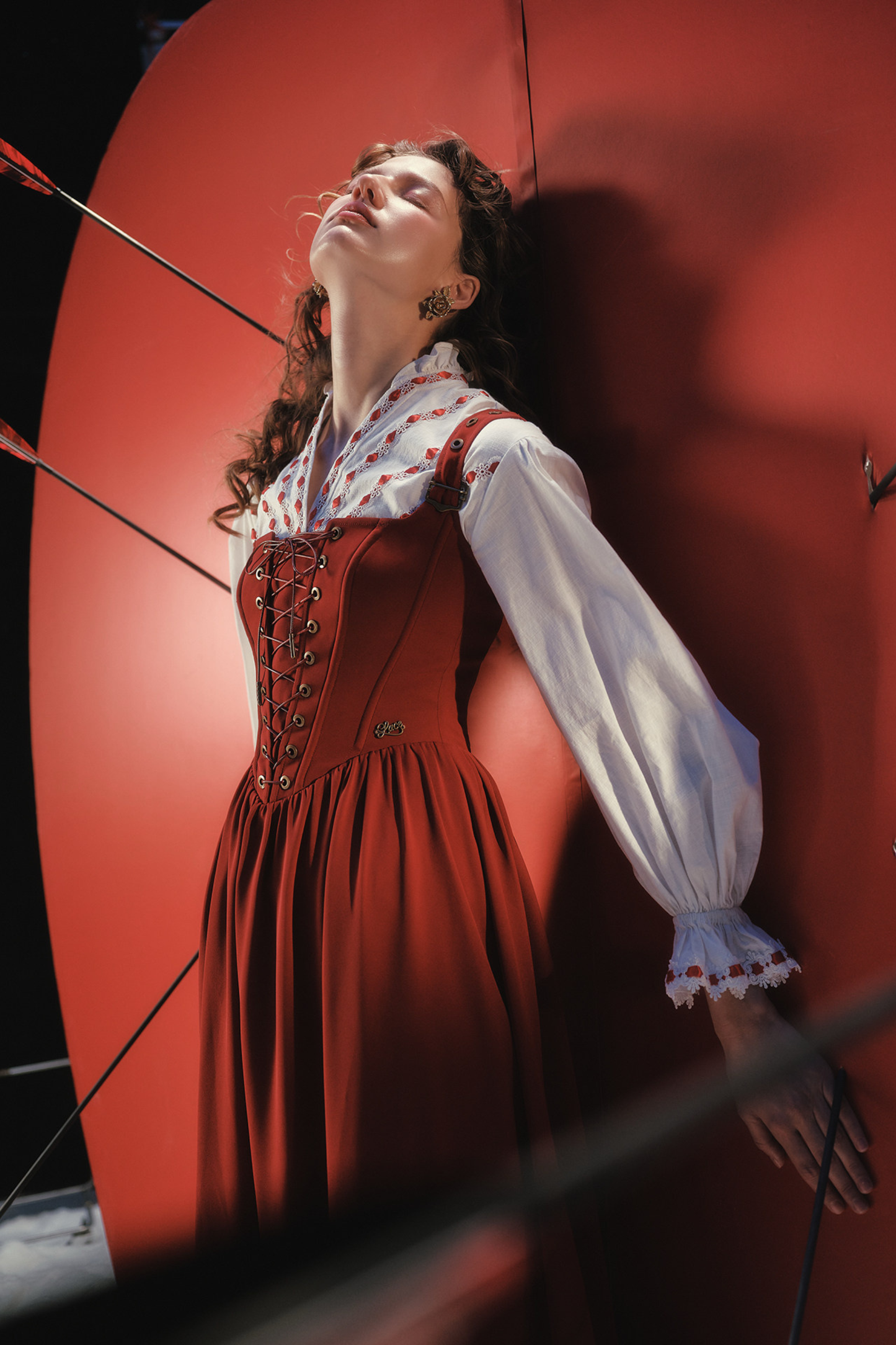 Lace Maid Retro Red Suspender Dress + Blouse