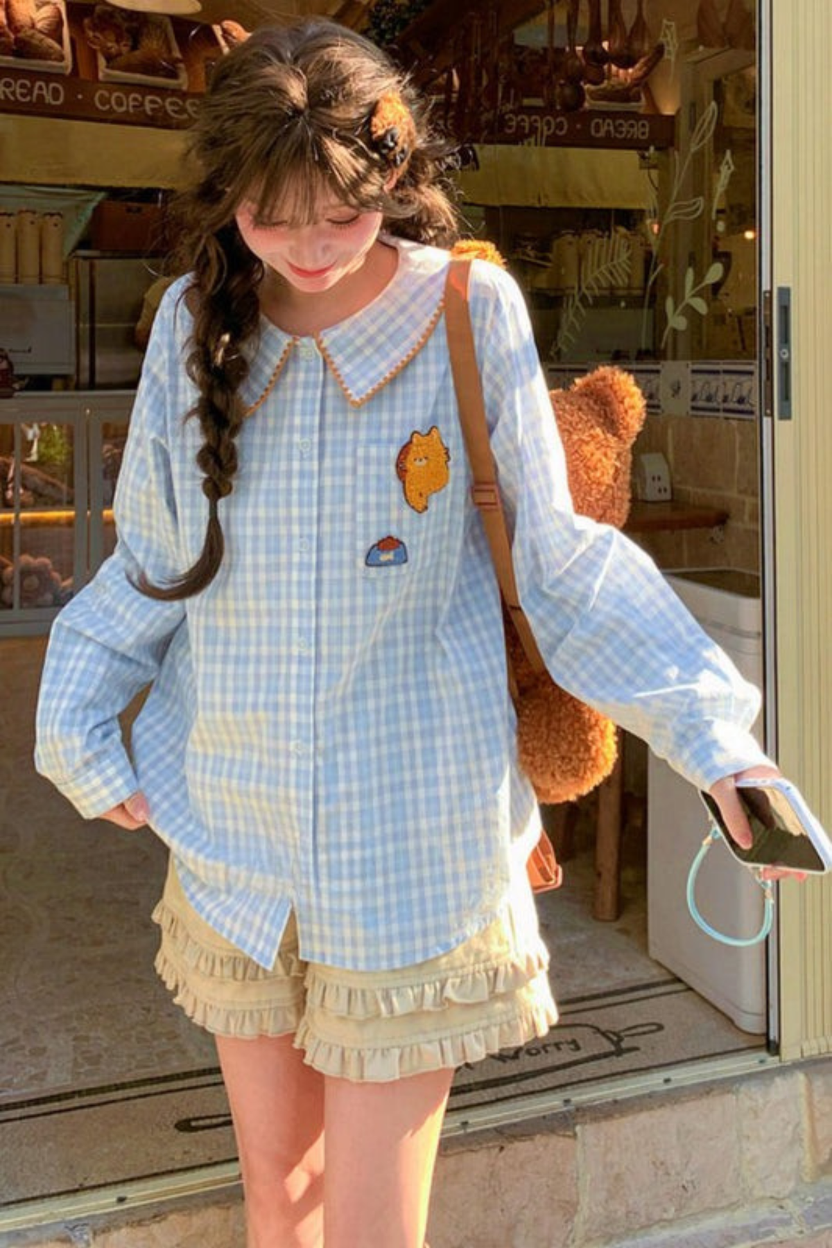 Cat Embroidered Plaid Blouse