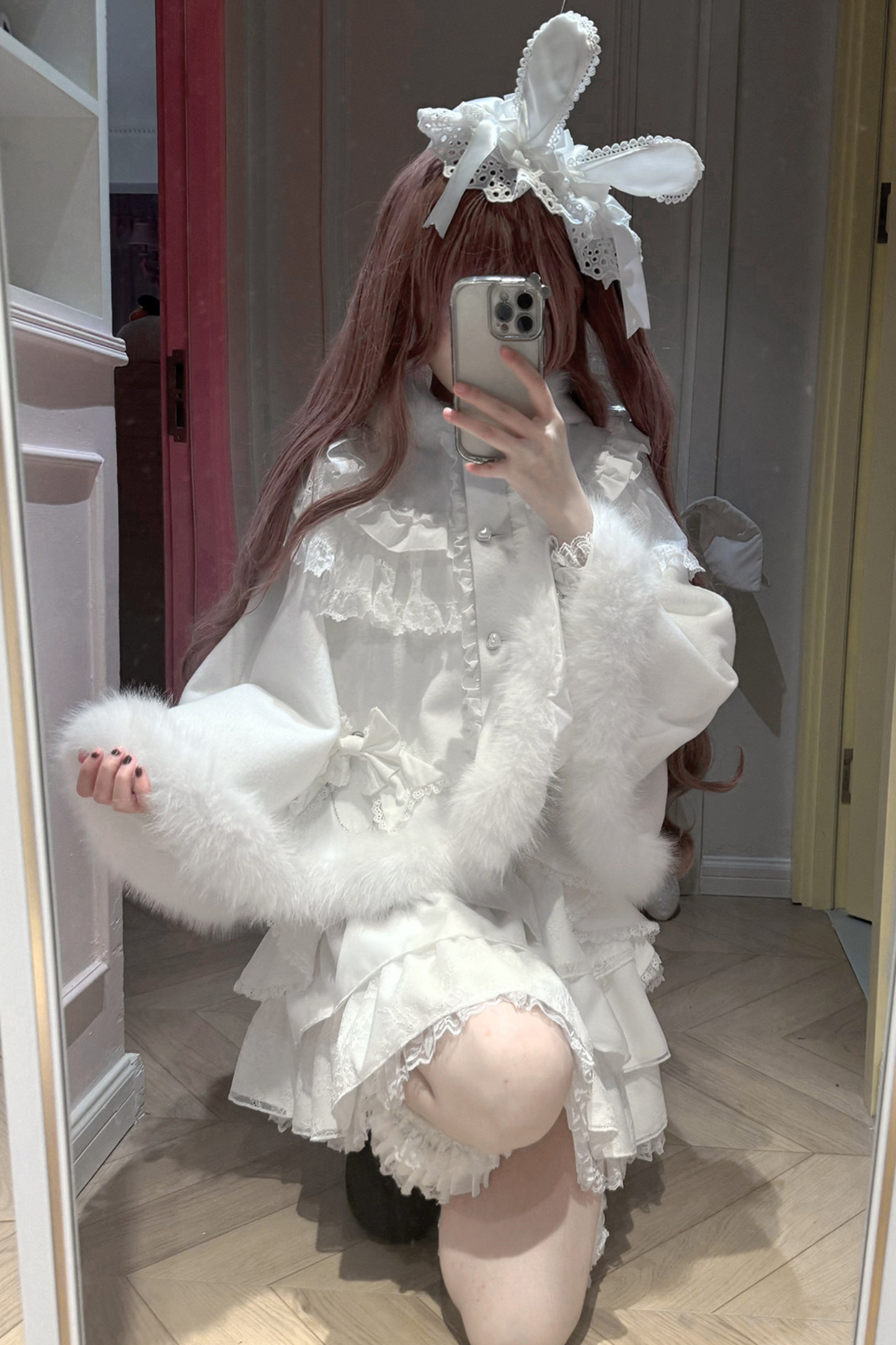 Snow Cat Hooded Cape Coat + Shirt + Skirt