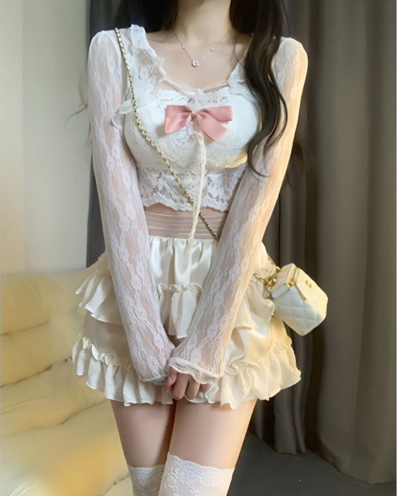 Pure Desire Lace Cardigan Bow Coord Set