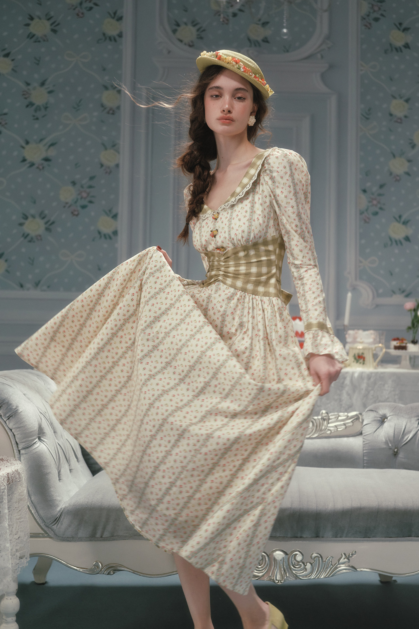 Retro Lace Maid Floral Cotton Dress