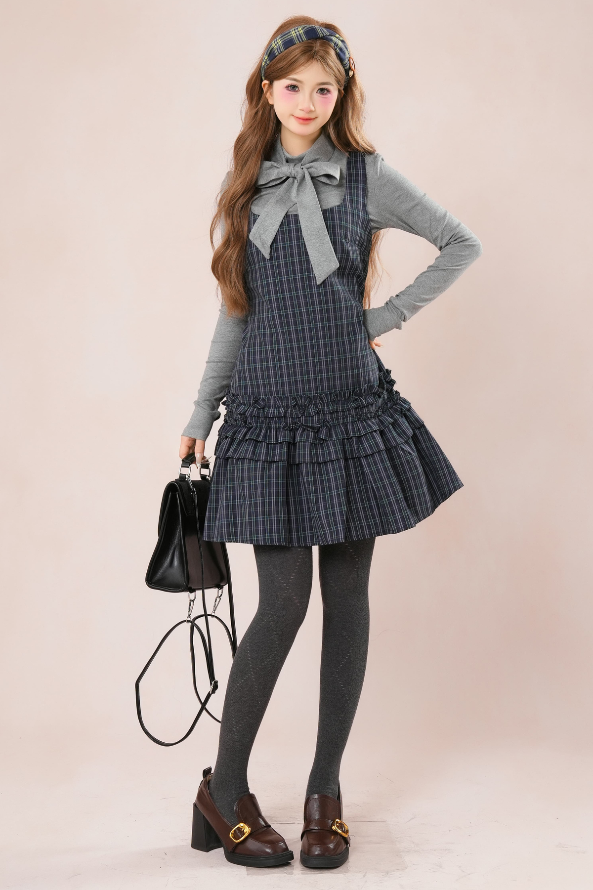 Dark French Ruffle Check Sleeveless Dress + Shirt