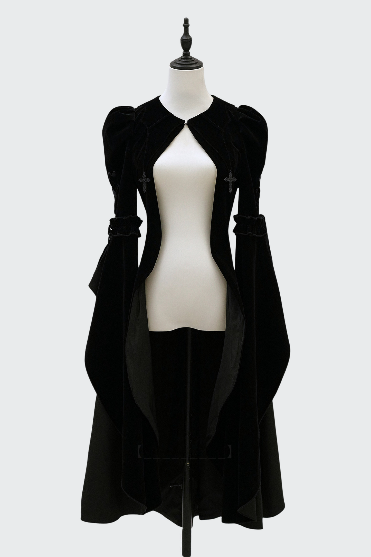 [Pre-order] Gothic Lolita Black Cross Detail Flare Sleeve Long Coat + Headdress