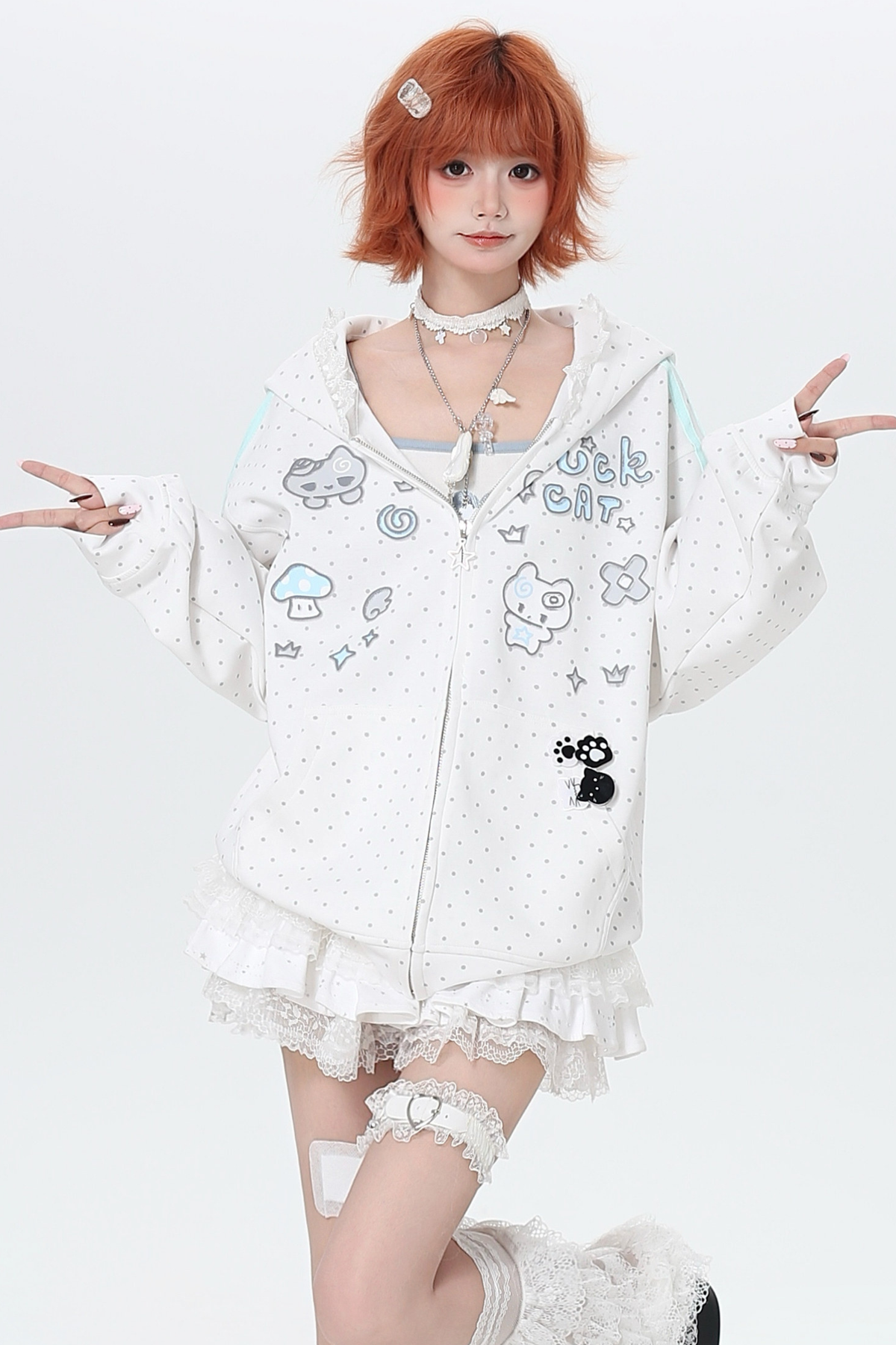 Polka Dot Loose Fit Hoodie Jacket