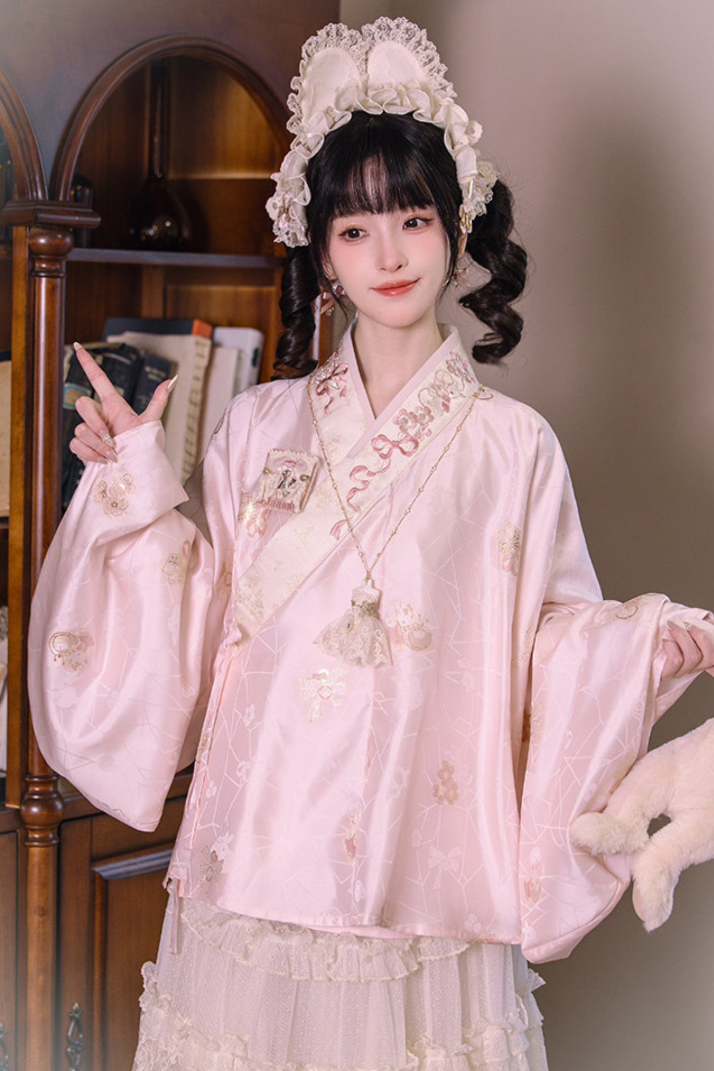 Chinese Pastel Top + Apron + Bow + Necklace + Brooch + Hair Accessories